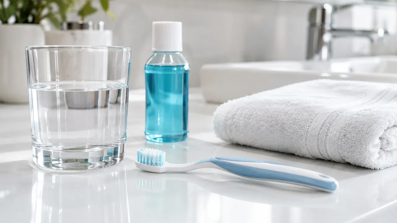 Verre d'eau, bain de bouche et brosse à dents souple posés sur le plan d'une salle de bain