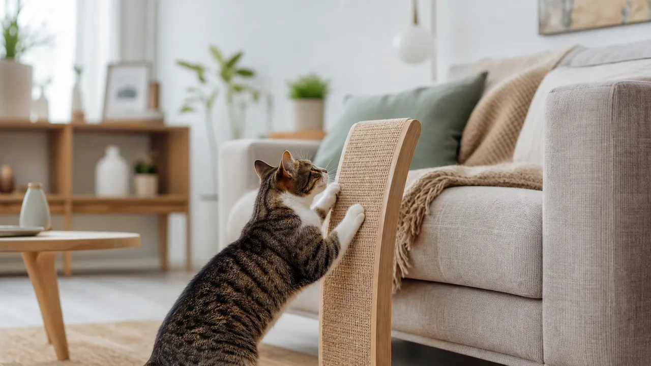 Chat griffant l'accoudoir d'un canapé en tissu dans un salon
