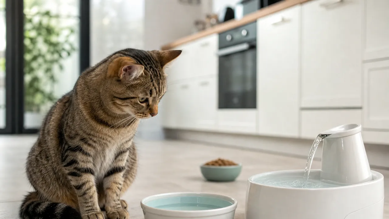Chat tigré assis dans une cuisine, observant une fontaine à eau et un bol d'eau posés au sol