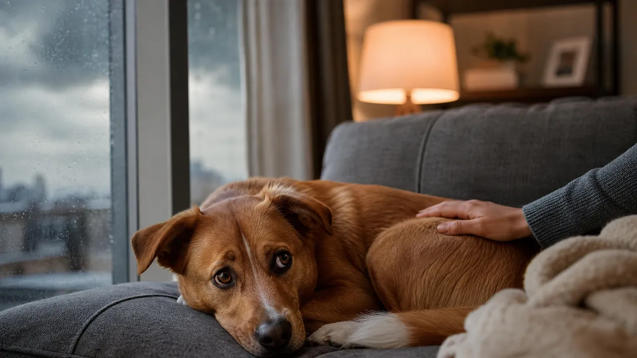 Chien allongé sur le sol d'un salon regardant vers une fenêtre pendant un orage