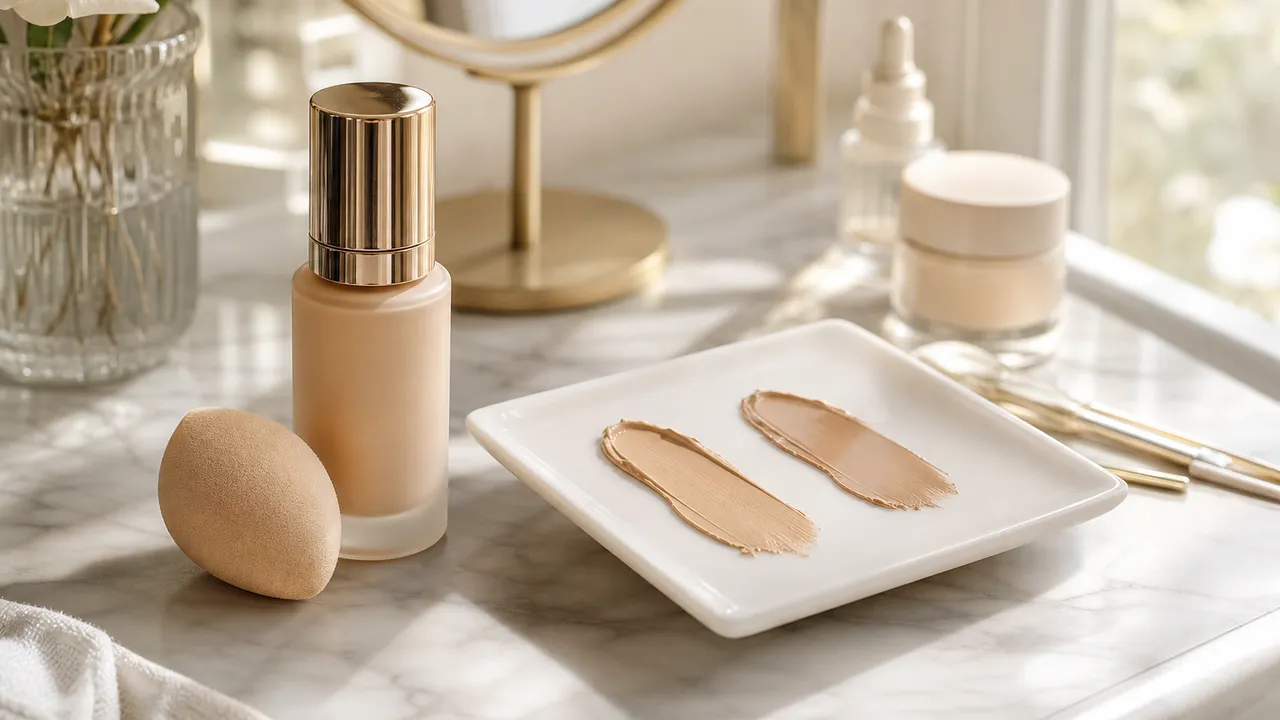 Flacon de fond de teint, éponge de maquillage et deux nuances de fond de teint étalées sur une coupelle blanche