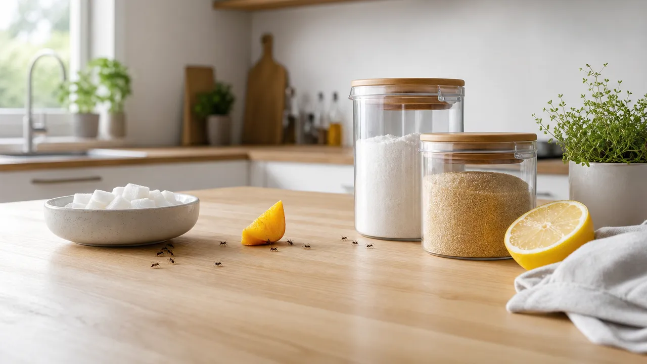 Ligne de fourmis sur un plan de travail de cuisine près d'une fenêtre