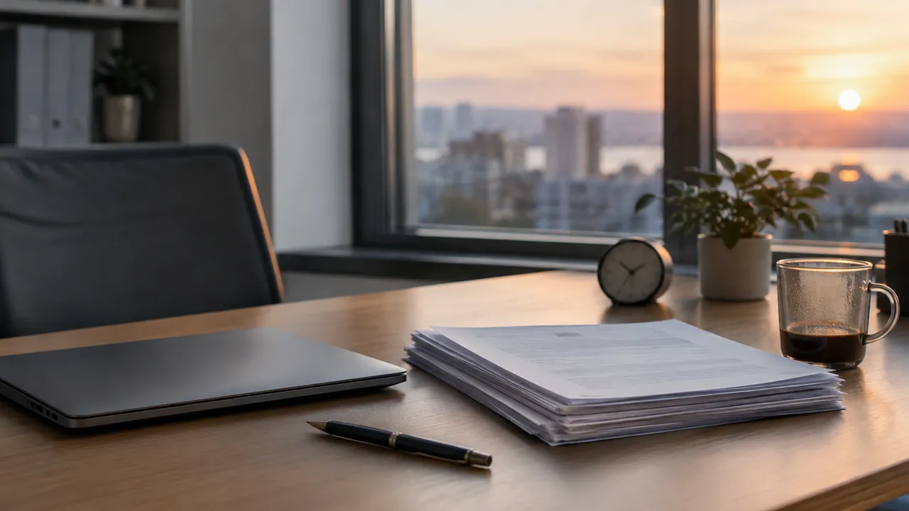 Bureau au coucher du soleil avec ordinateur portable fermé, pile de dossiers, horloge et café, dans un immeuble de ville