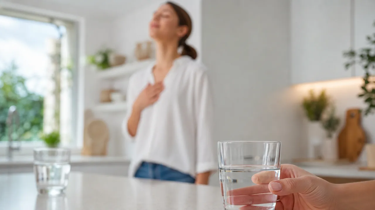 Femme respirant profondément la main sur la poitrine dans une cuisine lumineuse, un verre d'eau au premier plan