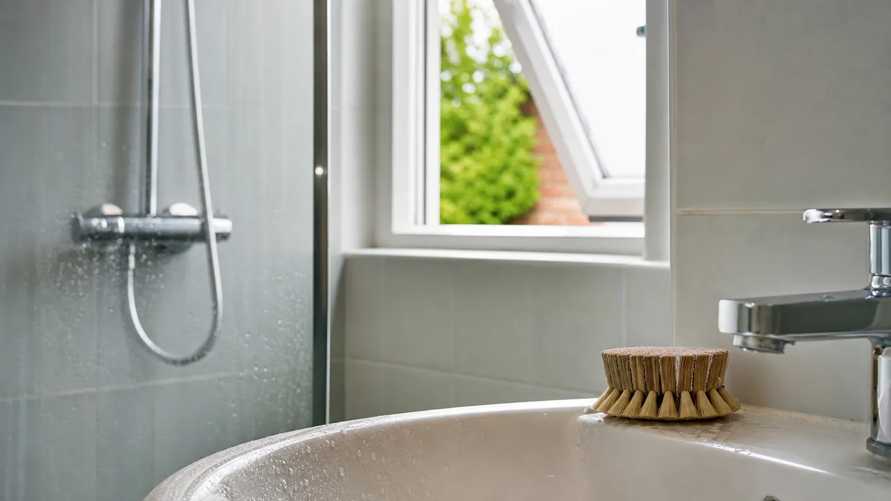 Lavabo et douche d'une salle de bain carrelée, fenêtre entrouverte et brosse posée sur le bord de la vasque
