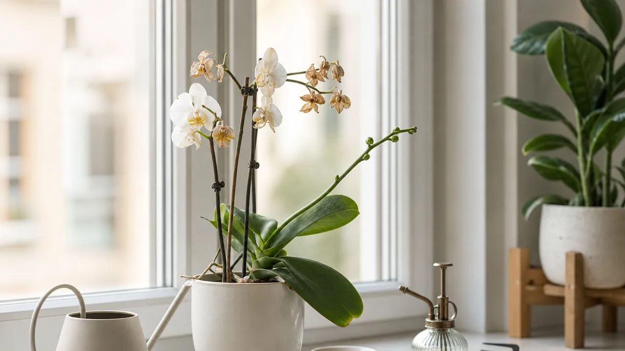 Orchidée blanche sans fleurs posée près d'une fenêtre lumineuse