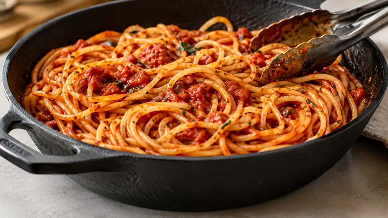 Spaghettis bien séparés mélangés à une sauce tomate dans une poêle en fonte, avec une pince de cuisine