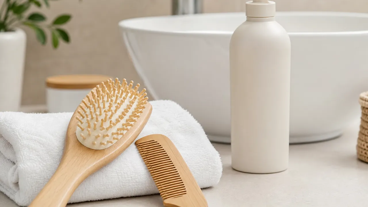 Brosse et peigne en bois posés sur une serviette blanche à côté d'un flacon de shampooing dans une salle de bain
