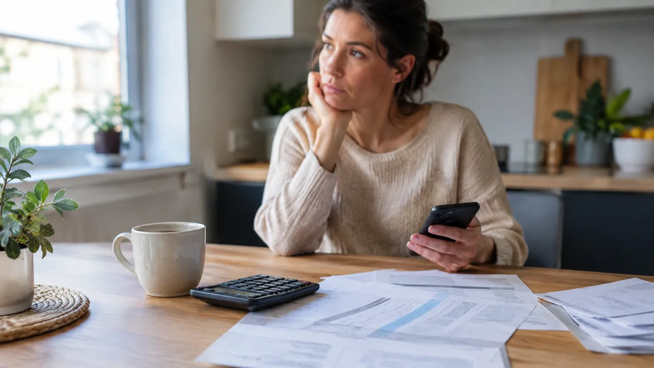 Femme pensive à une table de cuisine, téléphone en main, factures et calculatrice posées devant elle