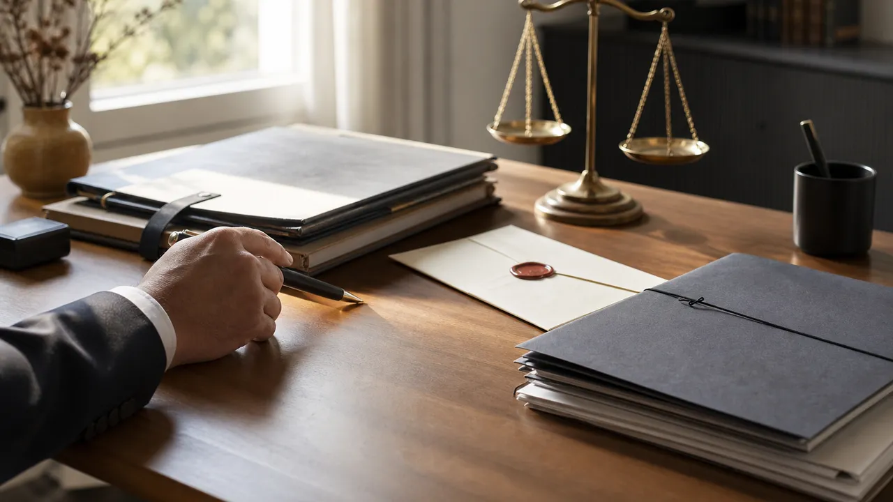 Personne consultant des documents juridiques et un stylo sur un bureau