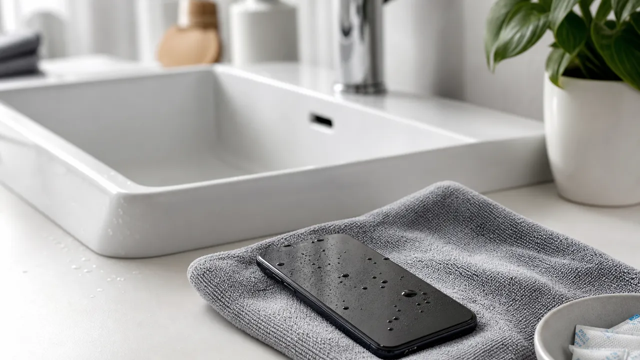 Smartphone couvert de gouttes d'eau posé sur une serviette grise à côté d'un lavabo