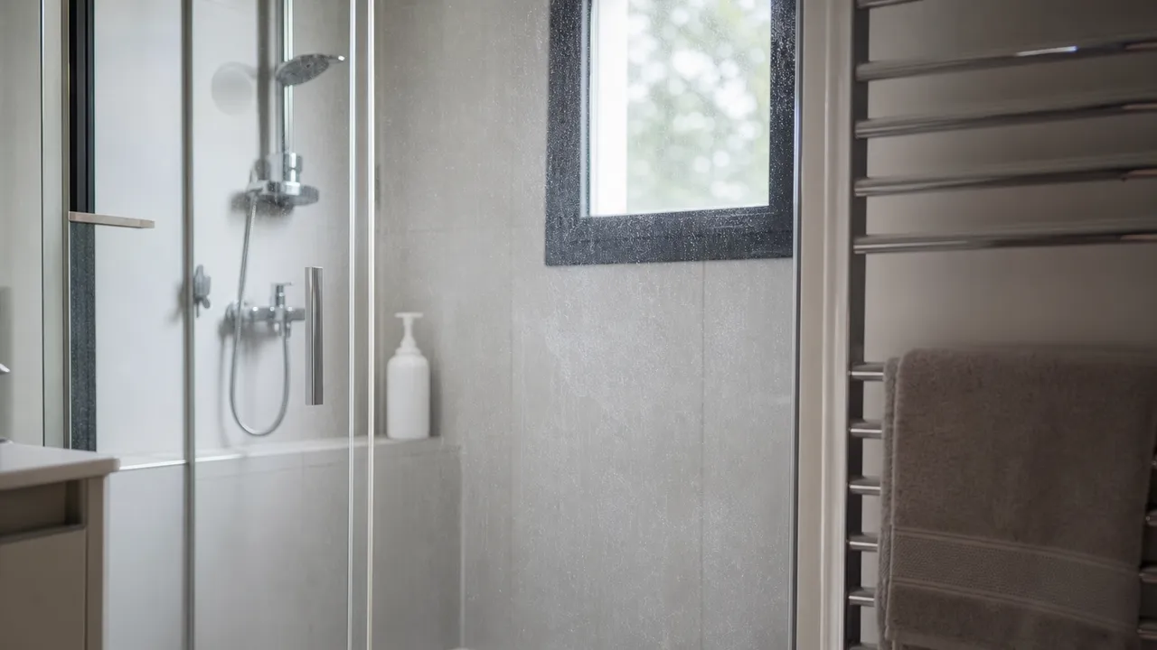 Paroi de douche vitrée avec des traces de calcaire visibles à la lumière